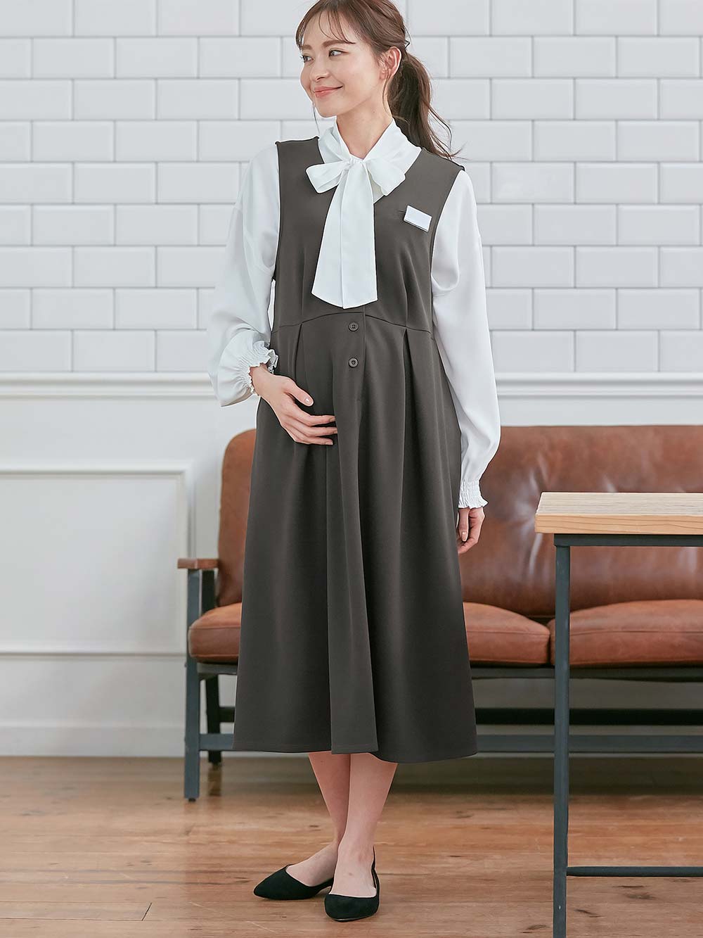 マタニティ ワンピース|【着丈が選べる】強撚スムースベストワンピース　マタニティ【出産後も長く使える】|チャコール（ロング丈）