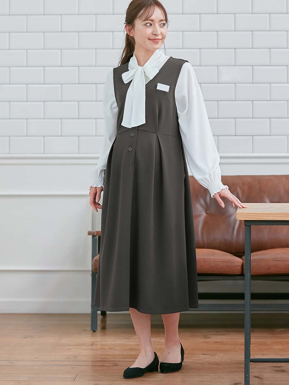 マタニティ ワンピース|【着丈が選べる】強撚スムースベストワンピース　マタニティ【出産後も長く使える】|チャコール（ロング丈）