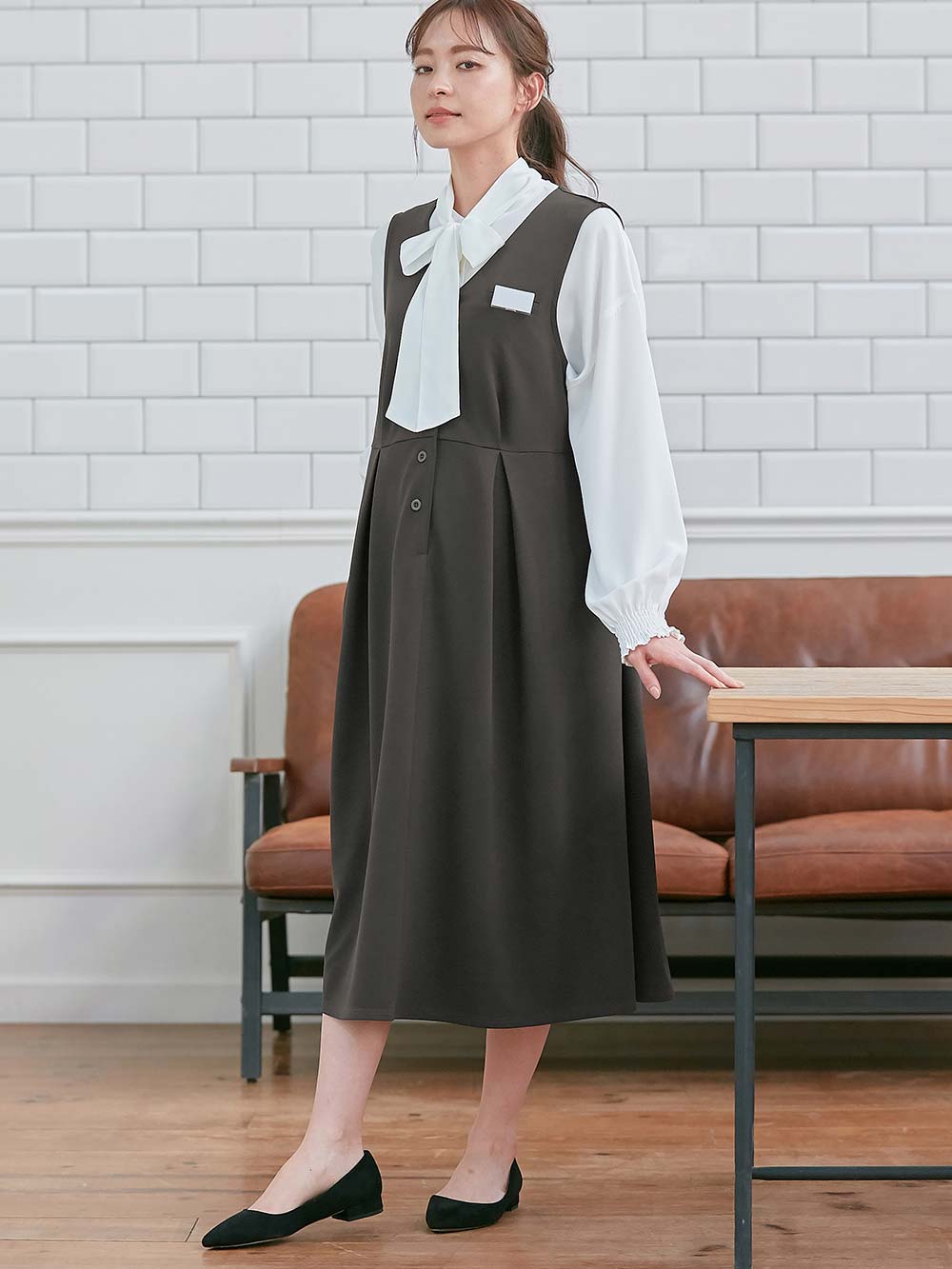 マタニティ ワンピース|【着丈が選べる】強撚スムースベストワンピース　マタニティ【出産後も長く使える】|チャコール（ロング丈）