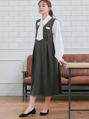 マタニティ ワンピース|【着丈が選べる】強撚スムースベストワンピース　マタニティ【出産後も長く使える】|チャコール（ロング丈）