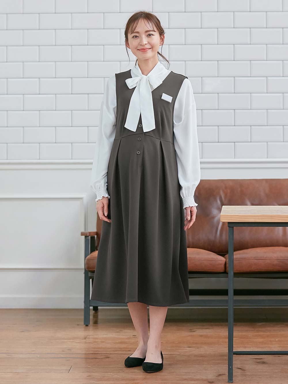 マタニティ ワンピース|【着丈が選べる】強撚スムースベストワンピース　マタニティ【出産後も長く使える】|チャコール（ロング丈）