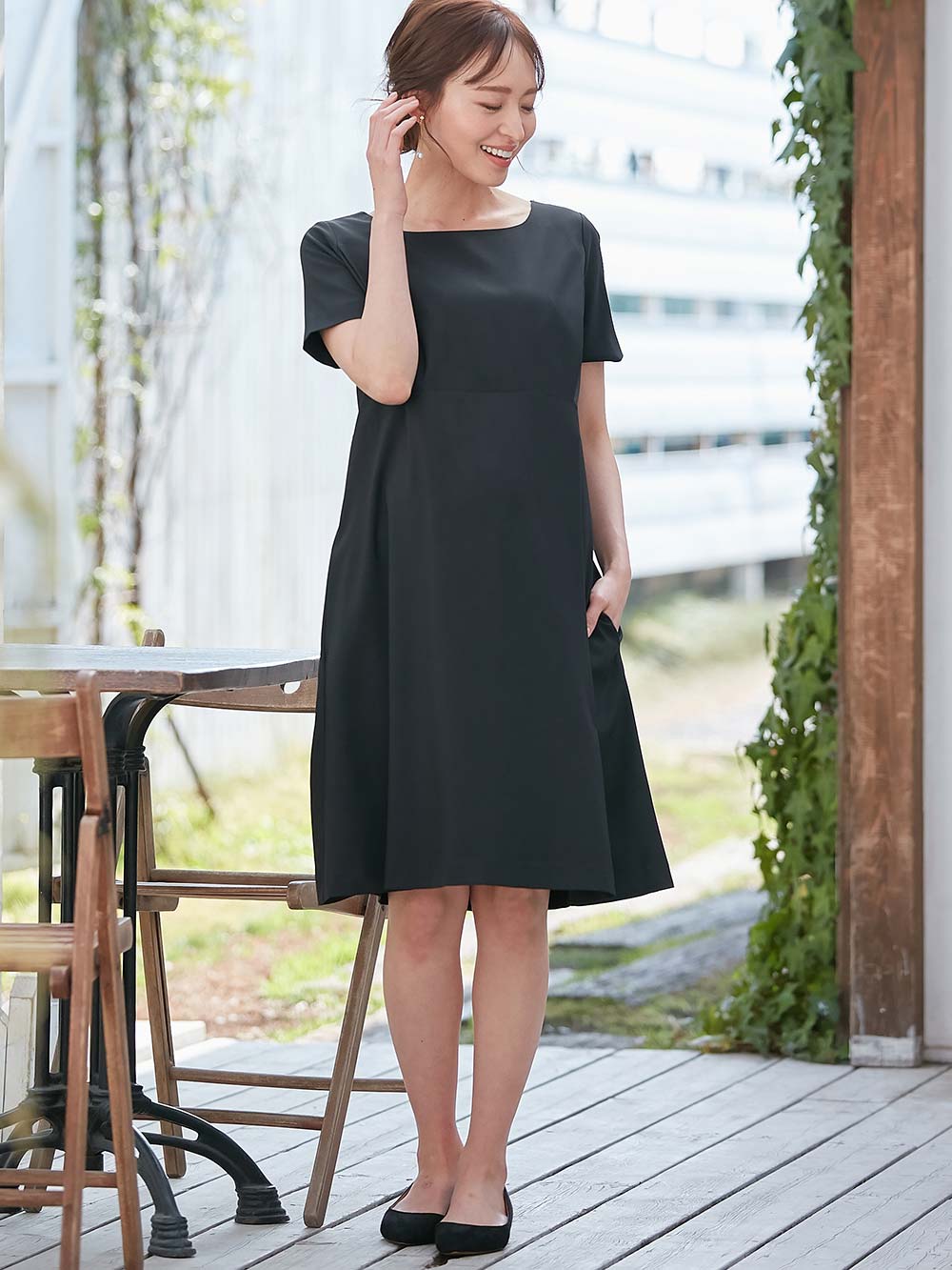 マタニティ ワンピース|自宅で洗える半袖ワンピース　マタニティ・授乳服【出産後も長く使える】|ブラック