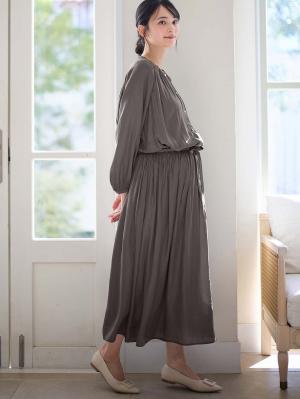 マタニティ ワンピース|ヴィンテージサテンワンピース　マタニティ・産後授乳服【出産後も長く使える】|チャコール