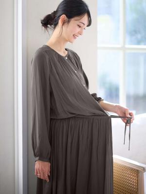 マタニティ ワンピース|ヴィンテージサテンワンピース　マタニティ・産後授乳服【出産後も長く使える】|チャコール