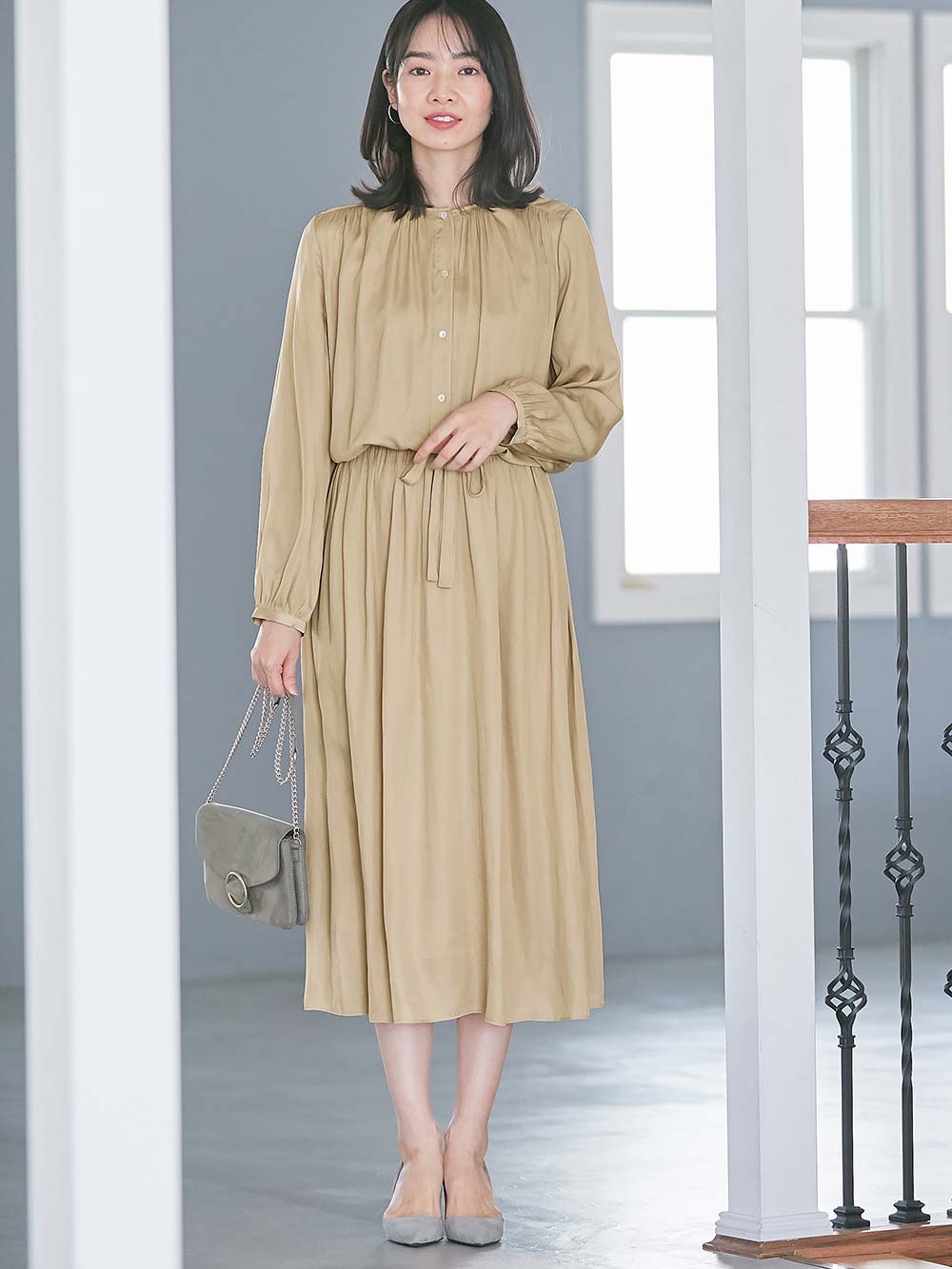 マタニティ ワンピース|ヴィンテージサテンワンピース マタニティ・産後授乳服【出産後も長く使える】|ベージュ