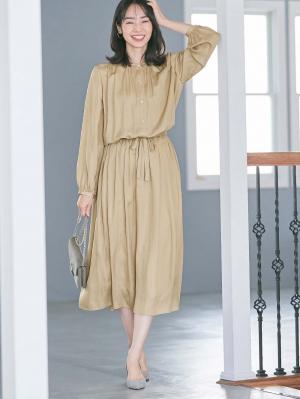 マタニティ ワンピース|ヴィンテージサテンワンピース マタニティ・産後授乳服【出産後も長く使える】|ベージュ
