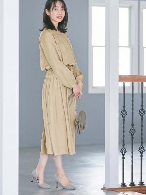 マタニティ ワンピース|ヴィンテージサテンワンピース マタニティ・産後授乳服【出産後も長く使える】|ベージュ