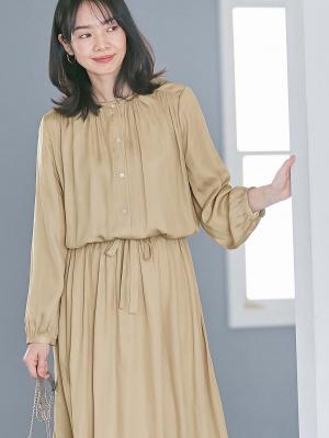 マタニティ ワンピース|ヴィンテージサテンワンピース マタニティ・産後授乳服【出産後も長く使える】|ベージュ