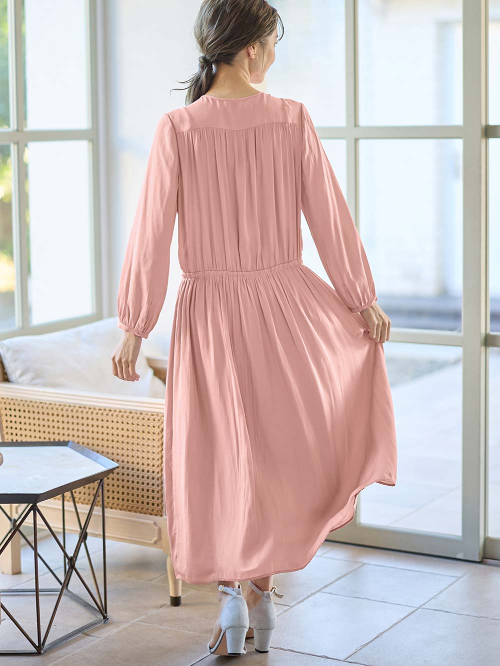 マタニティ ワンピース|ヴィンテージサテンワンピース マタニティ・産後授乳服【出産後も長く使える】|ピンク