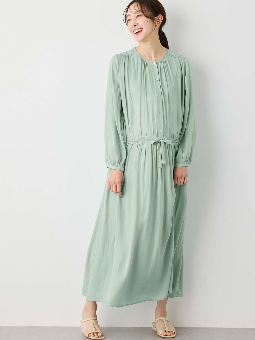 マタニティ ワンピース|ヴィンテージサテンワンピース マタニティ・産後授乳服【出産後も長く使える】|グリーン