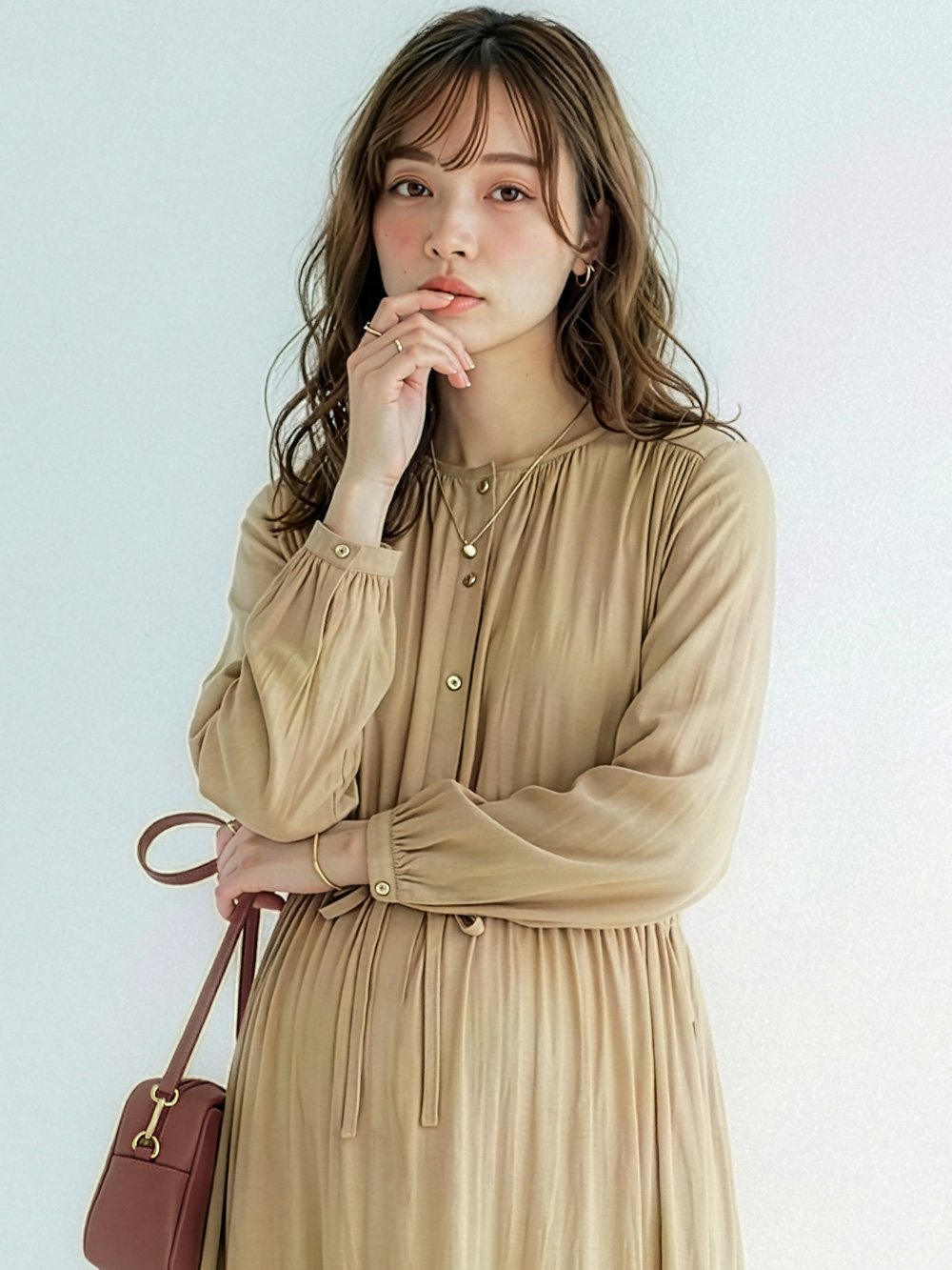 マタニティ ワンピース|ヴィンテージサテンワンピース　マタニティ・産後授乳服【出産後も長く使える】|ベージュ