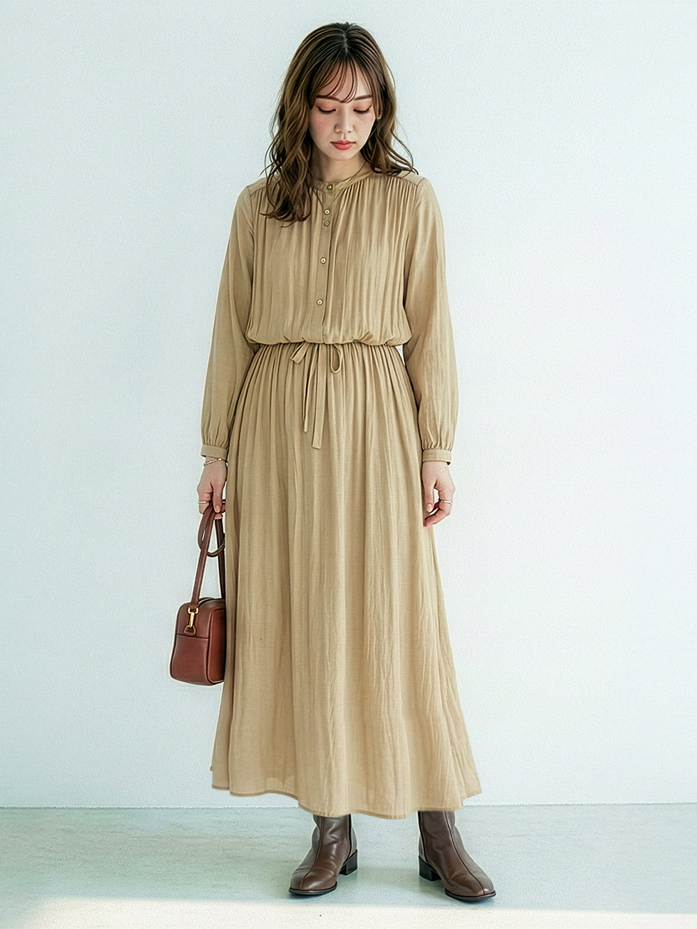 マタニティ ワンピース|ヴィンテージサテンワンピース　マタニティ・産後授乳服【出産後も長く使える】|ベージュ