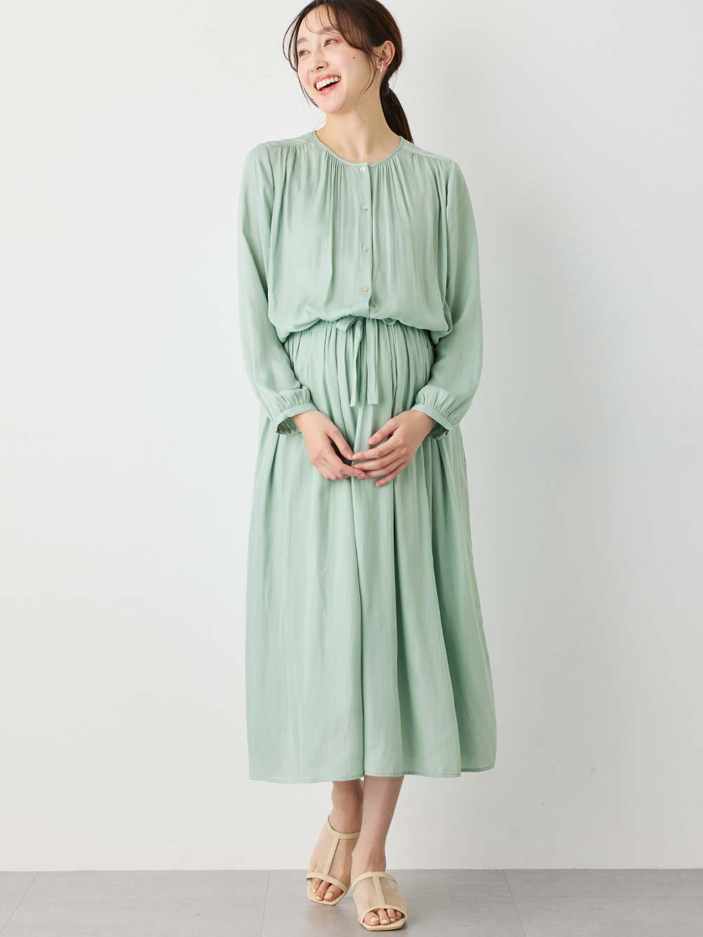 マタニティ ワンピース|ヴィンテージサテンワンピース マタニティ・産後授乳服【出産後も長く使える】|グリーン
