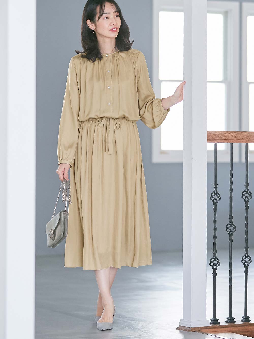 マタニティ ワンピース|ヴィンテージサテンワンピース マタニティ・産後授乳服【出産後も長く使える】|ベージュ