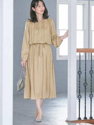 マタニティ ワンピース|ヴィンテージサテンワンピース マタニティ・産後授乳服【出産後も長く使える】|ベージュ