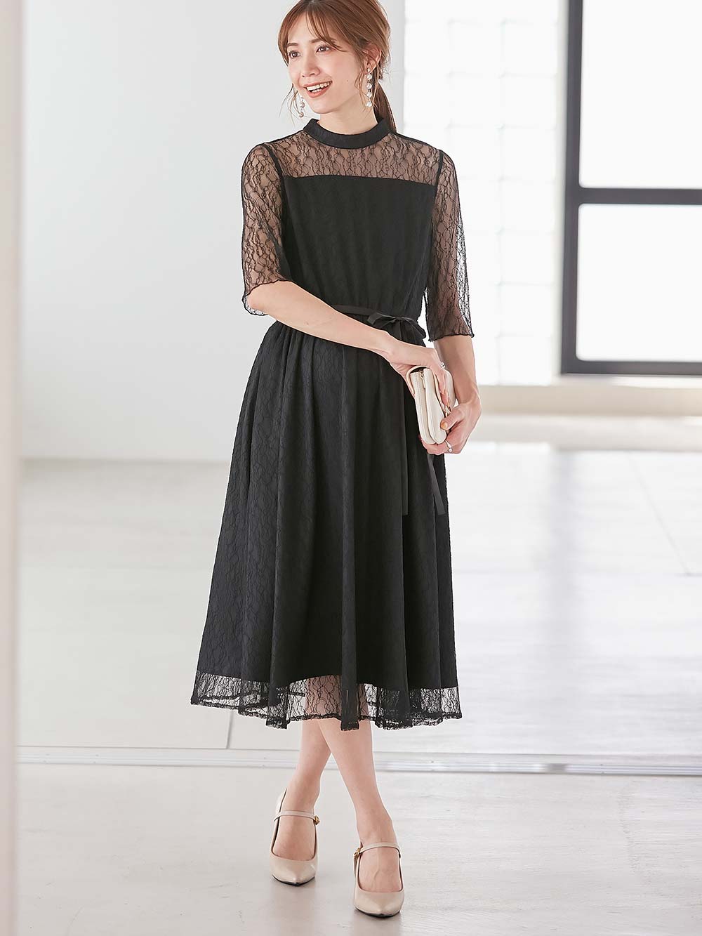 マタニティ ワンピース|ハイネックレースフォーマルワンピース|ブラック