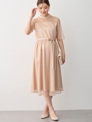 マタニティ ワンピース|ハイネックレースフォーマルワンピース|ピンクベージュ