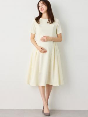 マタニティ ワンピース|半袖タックフレアーワンピース　マタニティ・産後授乳服【出産後も長く使える】|オフホワイト