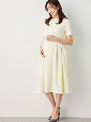 マタニティ ワンピース|半袖タックフレアーワンピース　マタニティ・産後授乳服【出産後も長く使える】|オフホワイト