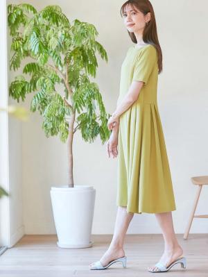 マタニティ ワンピース|半袖タックフレアーワンピース　マタニティ・産後授乳服【出産後も長く使える】|グリーン