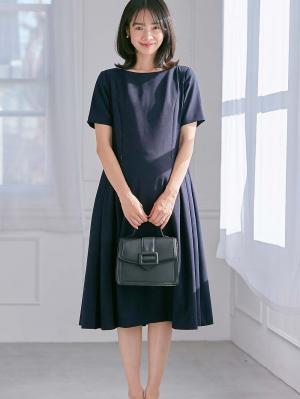 マタニティ ワンピース|半袖タックフレアーワンピース　マタニティ・産後授乳服【出産後も長く使える】|ネイビー