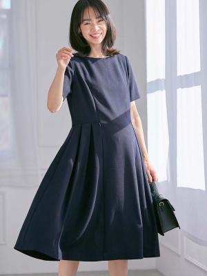 マタニティ ワンピース|半袖タックフレアーワンピース　マタニティ・産後授乳服【出産後も長く使える】|ネイビー