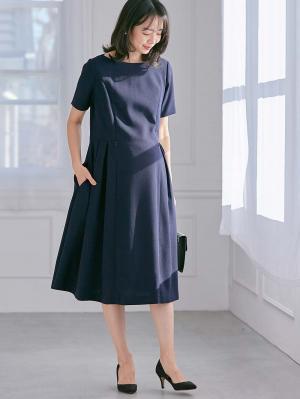 マタニティ ワンピース|半袖タックフレアーワンピース　マタニティ・産後授乳服【出産後も長く使える】|ネイビー