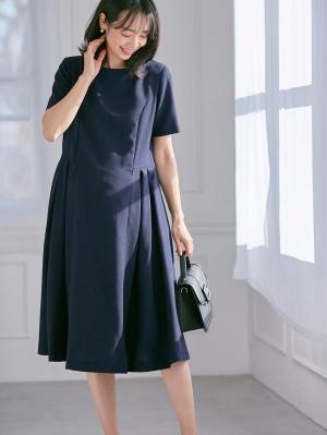 マタニティ ワンピース|半袖タックフレアーワンピース　マタニティ・産後授乳服【出産後も長く使える】|ネイビー