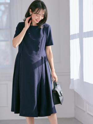 マタニティ ワンピース|半袖タックフレアーワンピース　マタニティ・産後授乳服【出産後も長く使える】|ネイビー