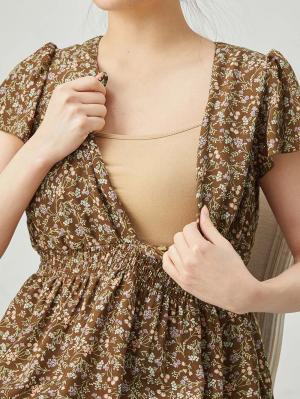 マタニティ ワンピース|フレアスリーブフラワープリントワンピース　マタニティ・産後授乳服【出産後も長く使える】