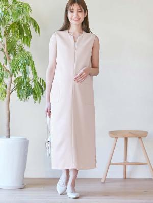 マタニティ ワンピース|キーネックロングワンピース　マタニティ・産後授乳服【出産後も長く使える】|ベージュ