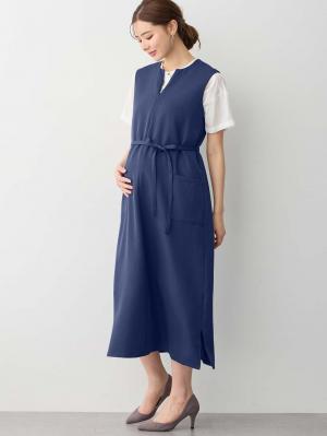 【予約販売品】 キーネックロングワンピース マタニティ・産後授乳服【出産後も スーツ・フォーマル・ドレス