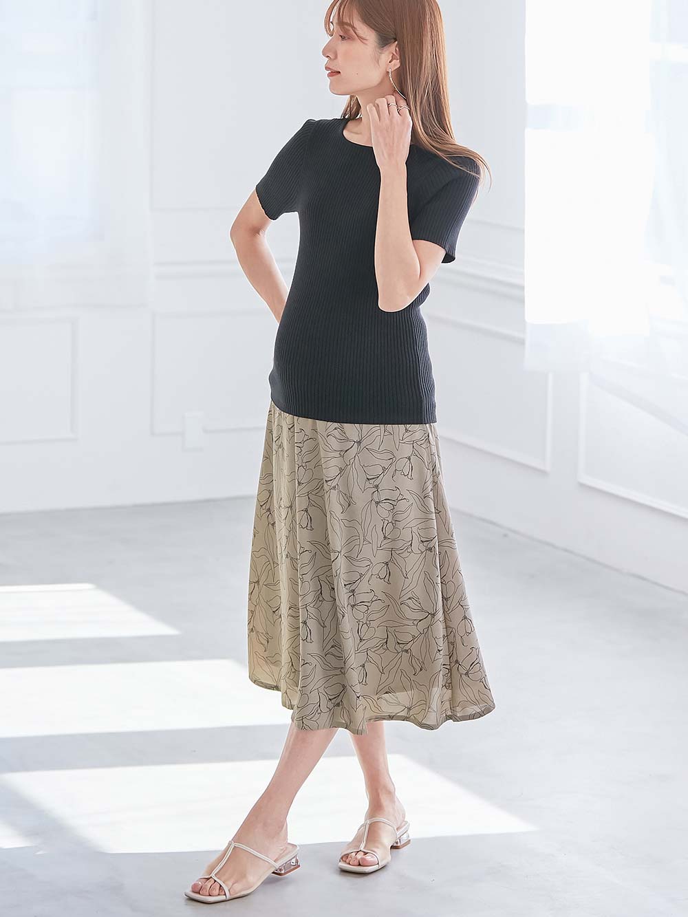 マタニティ スカート|フラワープリントフレアスカート　マタニティ・産後【出産後も長く使える】|モカブラウン