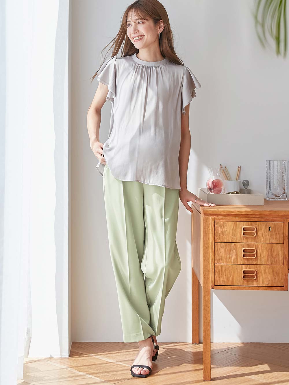 マタニティ パンツ|ストレッチツイルパンツ　マタニティ・産後【出産後も長く使える】|グリーン