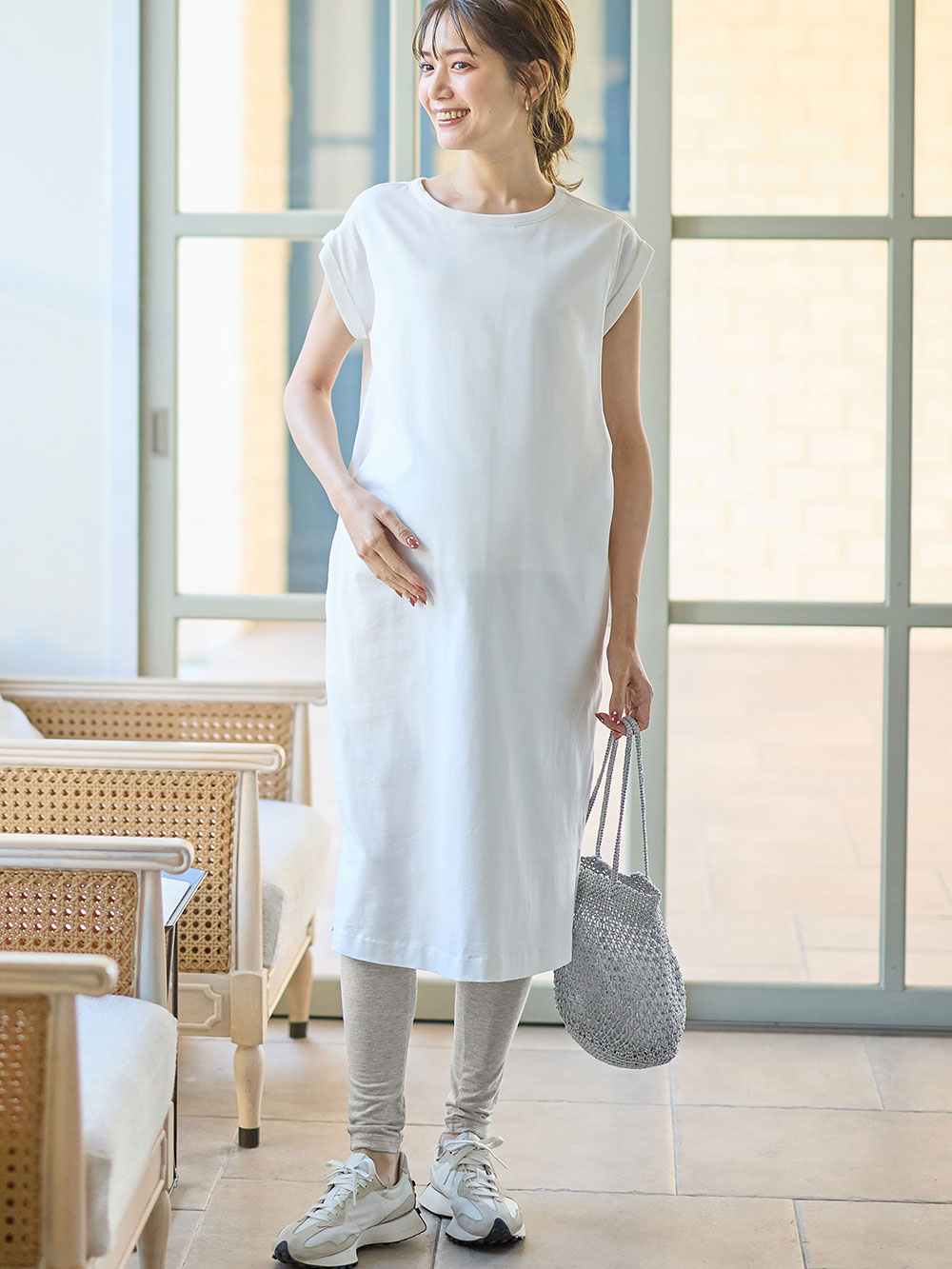 マタニティ ワンピース|コットン100%長さが選べるフレンチスリーブワンピース マタニティ・産後授乳服【出産後も長く使える】|ホワイト