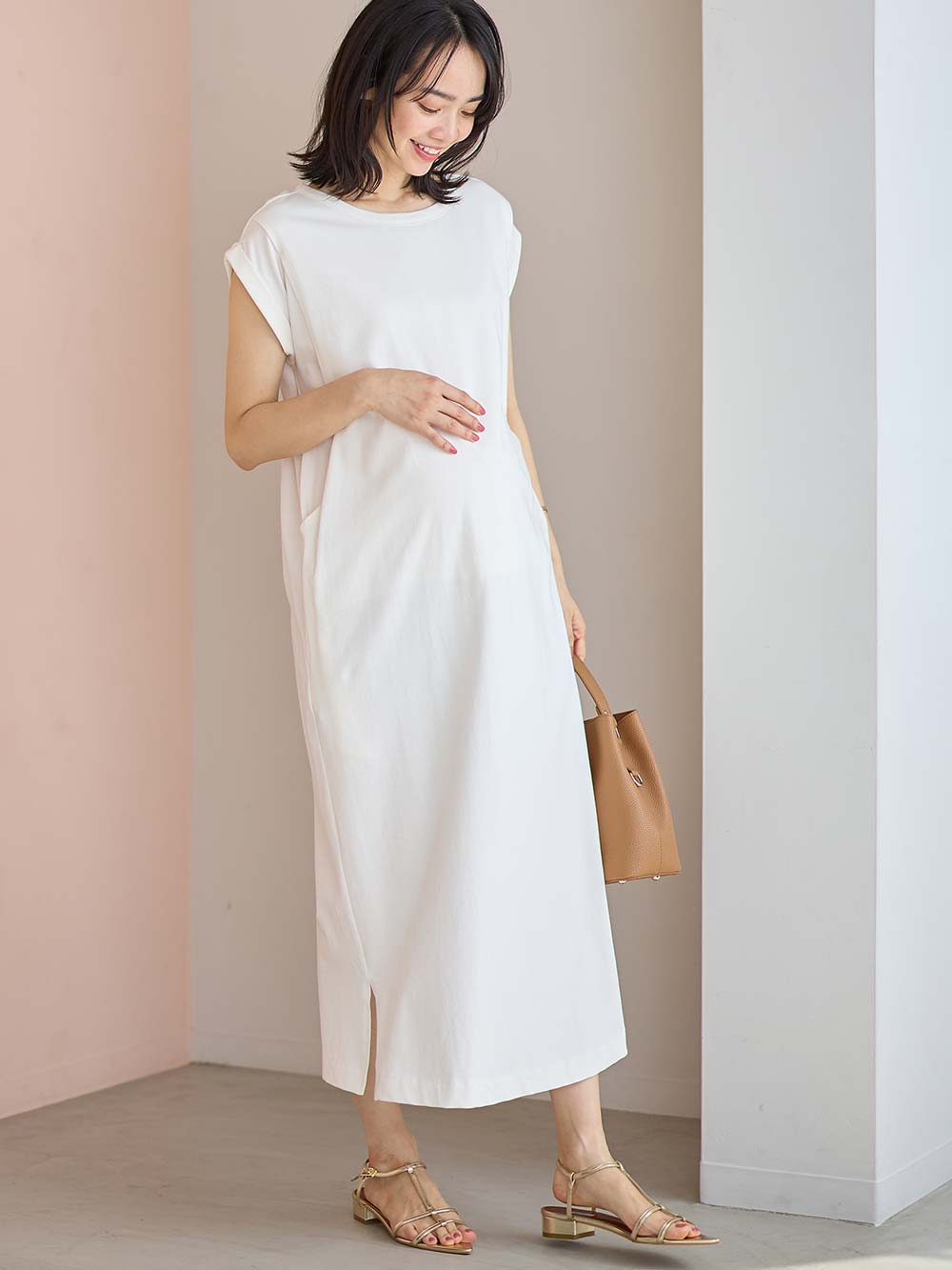 マタニティ ワンピース|コットン100%長さが選べるフレンチスリーブワンピース マタニティ・産後授乳服【出産後も長く使える】|ホワイト（ロング丈）