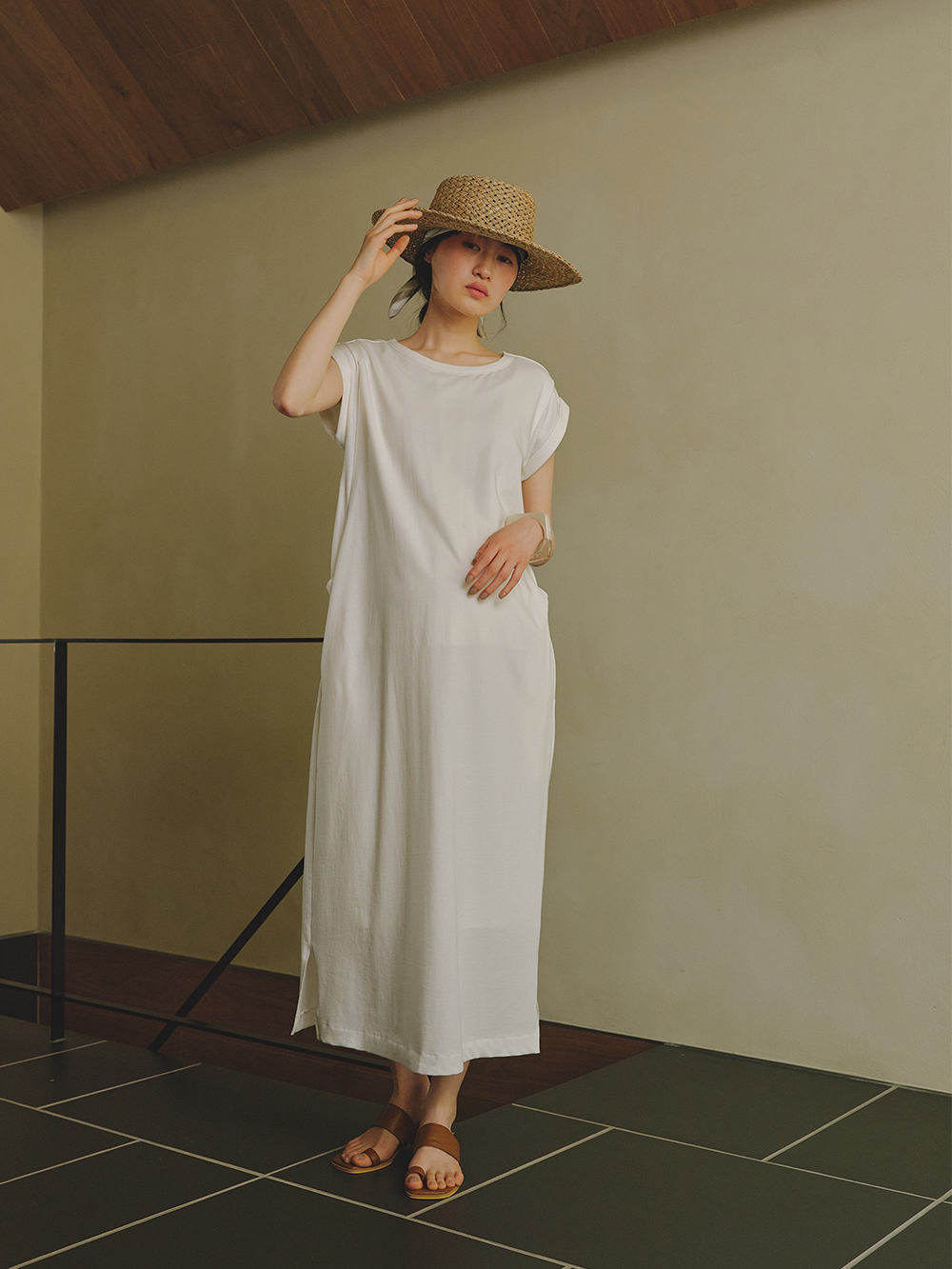 マタニティ ワンピース|コットン100%長さが選べるフレンチスリーブワンピース マタニティ・産後授乳服【出産後も長く使える】|ホワイト（ロング丈）