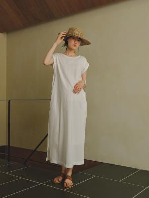 マタニティ ワンピース|コットン100%長さが選べるフレンチスリーブワンピース マタニティ・産後授乳服【出産後も長く使える】|ホワイト（ロング丈）