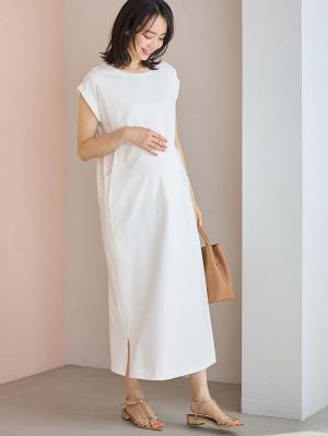 マタニティ ワンピース|コットン100%長さが選べるフレンチスリーブワンピース マタニティ・産後授乳服【出産後も長く使える】|ホワイト（ロング丈）