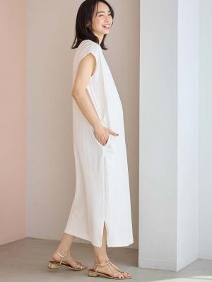 マタニティ ワンピース|コットン100%長さが選べるフレンチスリーブワンピース マタニティ・産後授乳服【出産後も長く使える】|ホワイト（ロング丈）