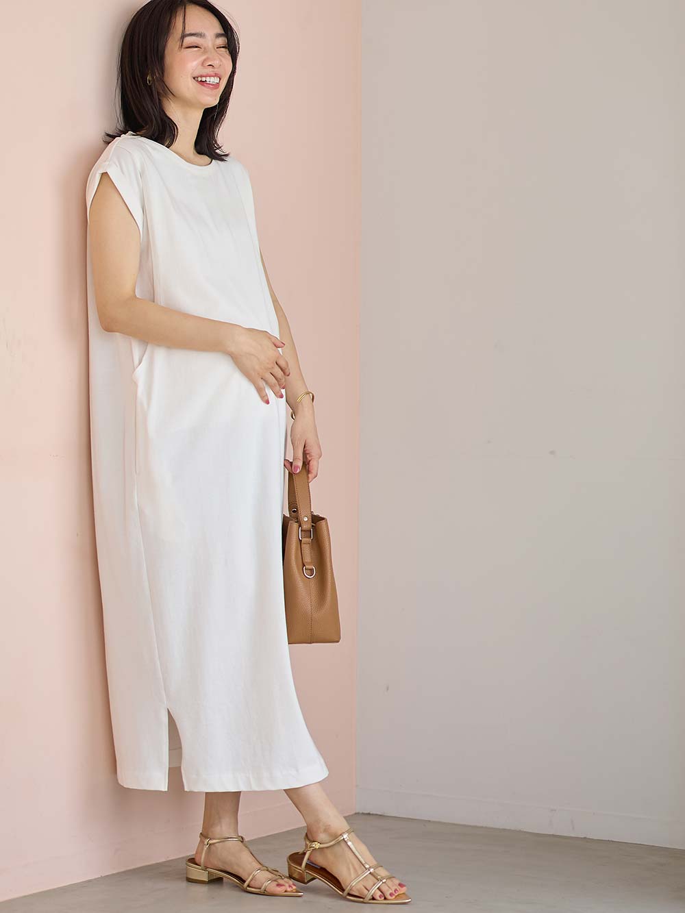 マタニティ ワンピース|コットン100%長さが選べるフレンチスリーブワンピース マタニティ・産後授乳服【出産後も長く使える】|ホワイト（ロング丈）