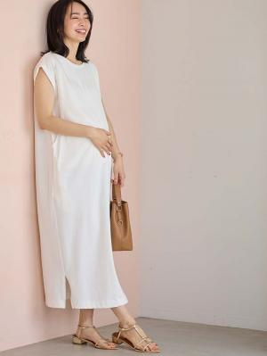 マタニティ ワンピース|コットン100%長さが選べるフレンチスリーブワンピース マタニティ・産後授乳服【出産後も長く使える】|ホワイト（ロング丈）