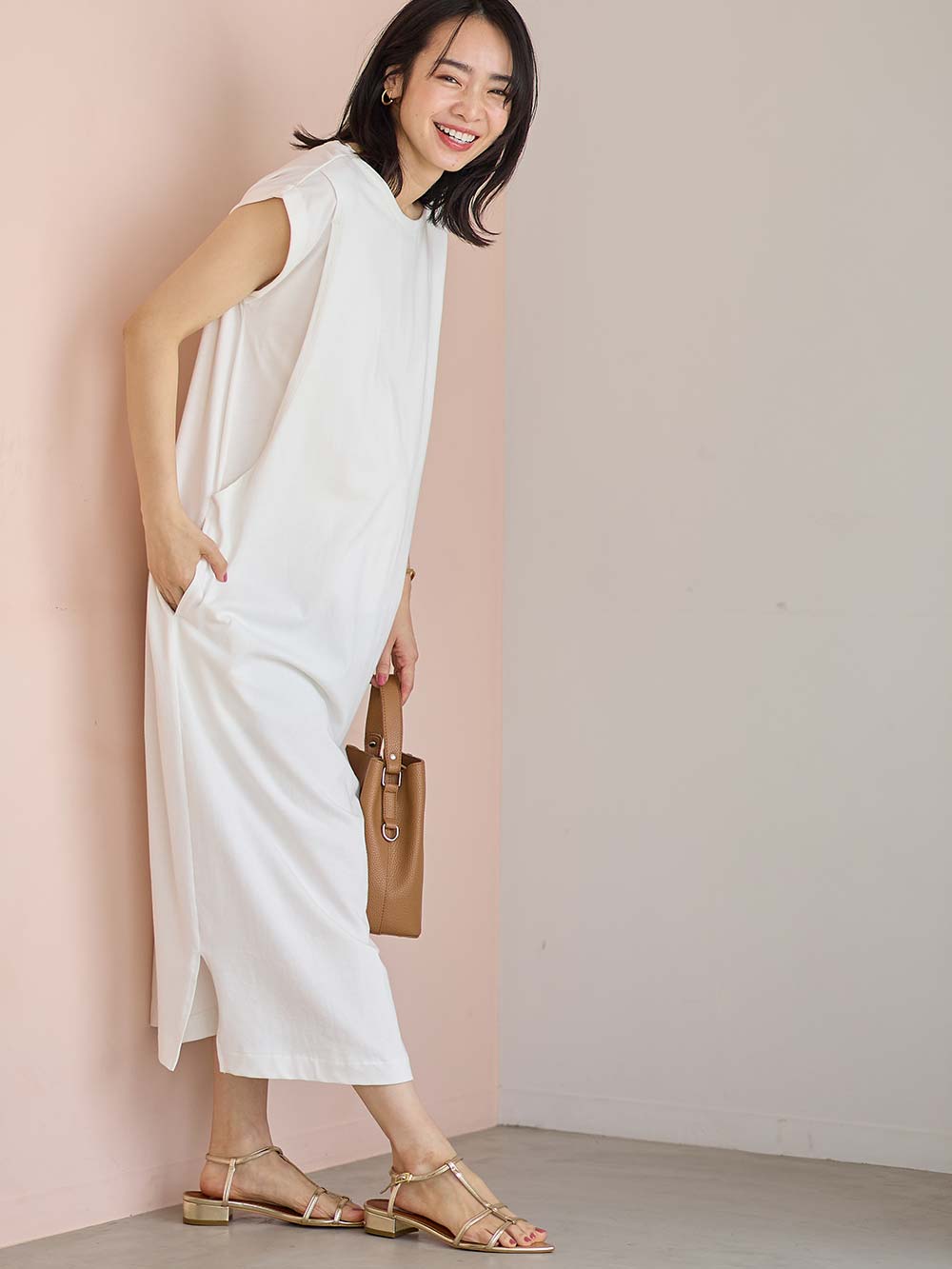 マタニティ ワンピース|コットン100%長さが選べるフレンチスリーブワンピース マタニティ・産後授乳服【出産後も長く使える】|ホワイト（ロング丈）