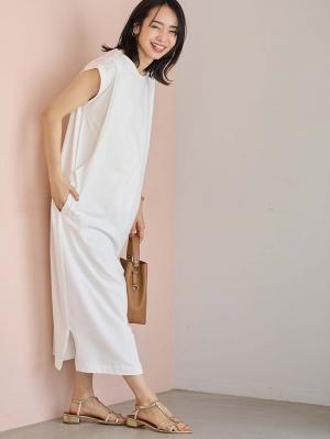 マタニティ ワンピース|コットン100%長さが選べるフレンチスリーブワンピース マタニティ・産後授乳服【出産後も長く使える】|ホワイト（ロング丈）