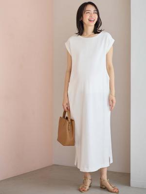 マタニティ ワンピース|コットン100%長さが選べるフレンチスリーブワンピース マタニティ・産後授乳服【出産後も長く使える】|ホワイト（ロング丈）