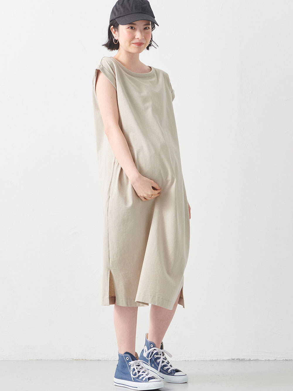 マタニティ ワンピース|コットン100%長さが選べるフレンチスリーブワンピース マタニティ・産後授乳服【出産後も長く使える】|トープ