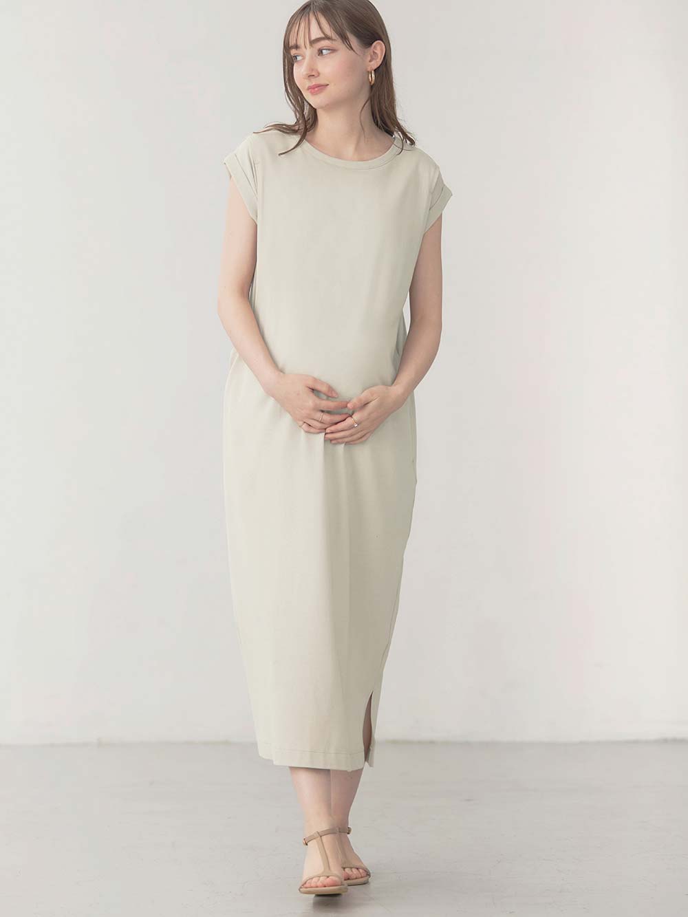 マタニティ ワンピース|コットン100%長さが選べるフレンチスリーブワンピース マタニティ・産後授乳服【出産後も長く使える】|トープ（ロング丈）
