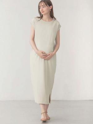 マタニティ ワンピース|コットン100%長さが選べるフレンチスリーブワンピース マタニティ・産後授乳服【出産後も長く使える】|トープ（ロング丈）