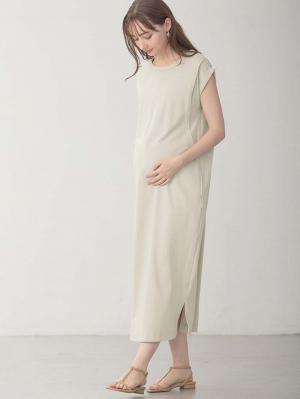 マタニティ ワンピース|コットン100%長さが選べるフレンチスリーブワンピース マタニティ・産後授乳服【出産後も長く使える】|トープ（ロング丈）