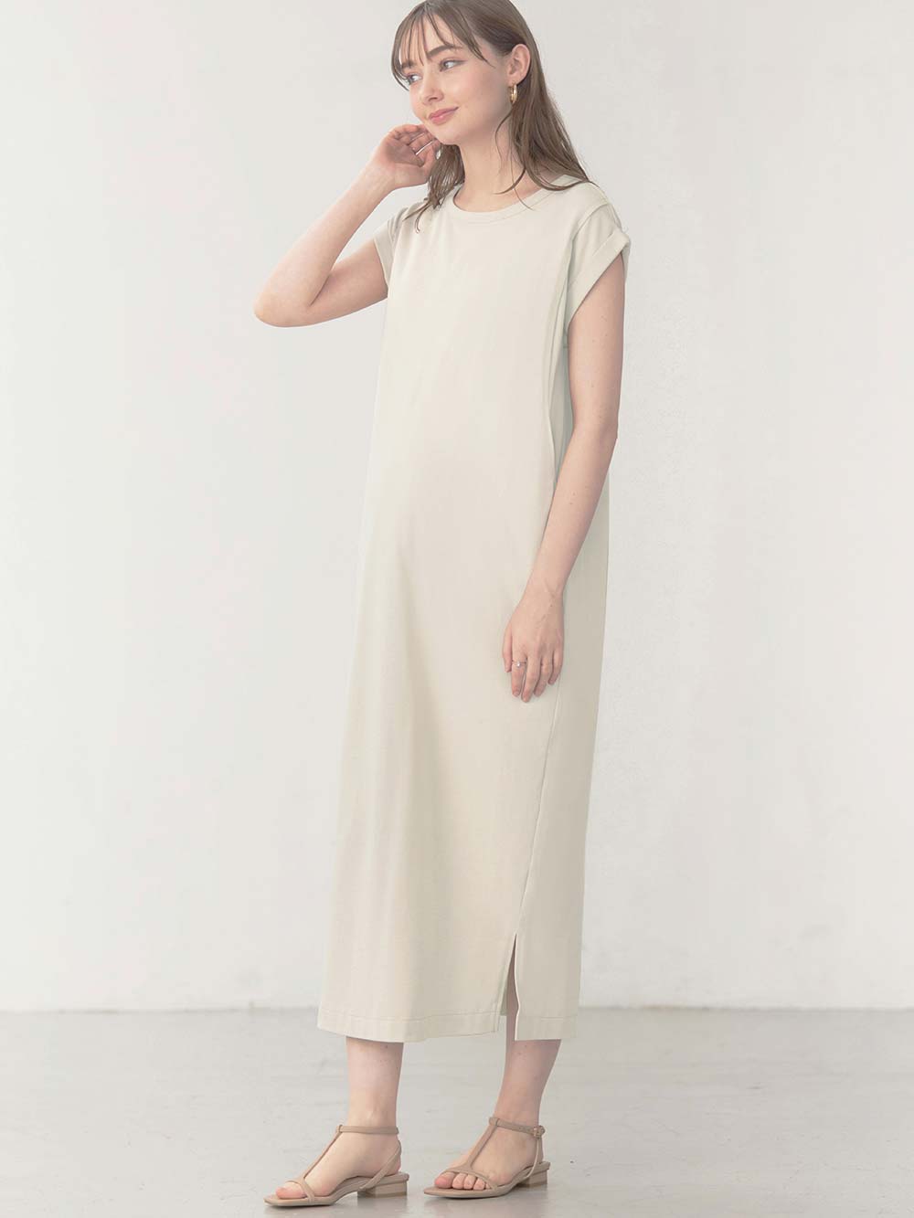 マタニティ ワンピース|コットン100%長さが選べるフレンチスリーブワンピース マタニティ・産後授乳服【出産後も長く使える】|トープ（ロング丈）